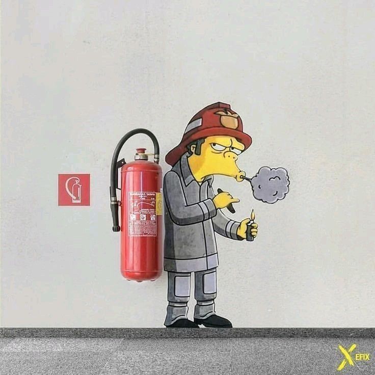 Blending survival item into scenery with art: A fire extinguisher painted on a wall.