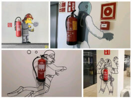 Fire extinguishers: blending a survival item into the scenery with art