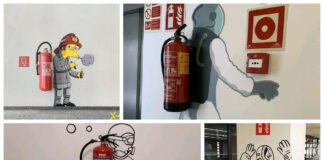 Fire extinguishers: blending a survival item into the scenery with art