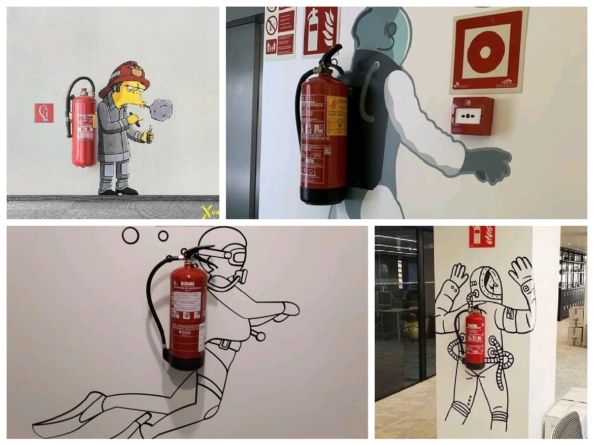 Blending survival item into scenery with fire extinguisher wall art.