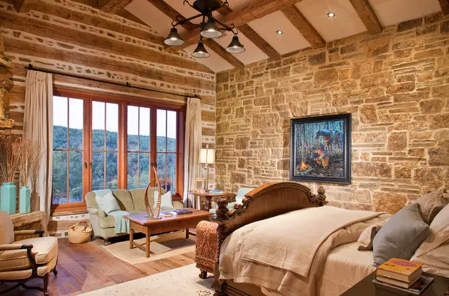 A bedroom with rustic style décor and a bed.