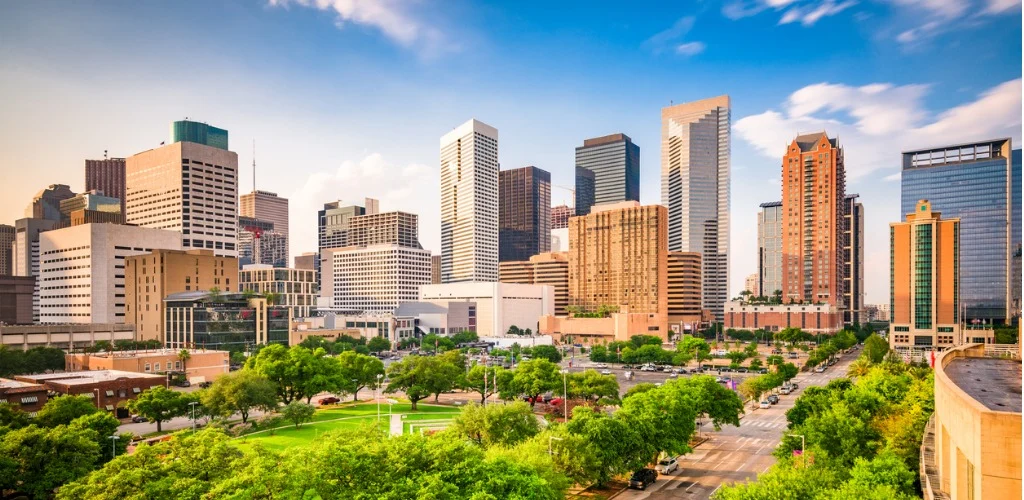 A view of the Houston skyline, highlighting its real estate industry.