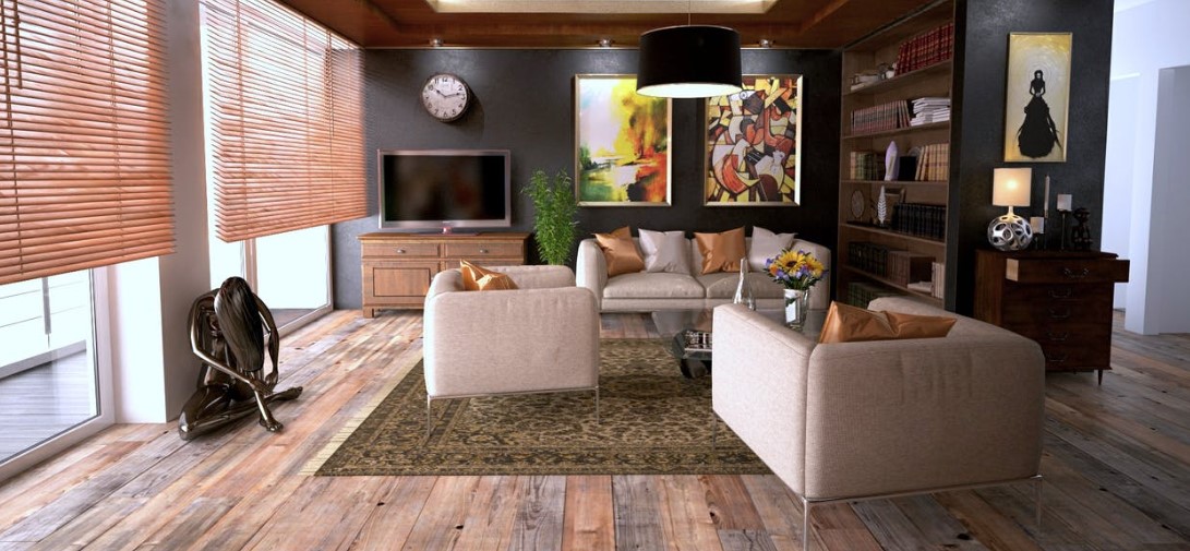 3D rendering of a living room with wooden floors for remodeling ideas.