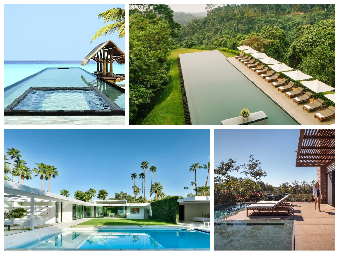 A collage of photos showcasing magnificent swimming pools from around the globe.