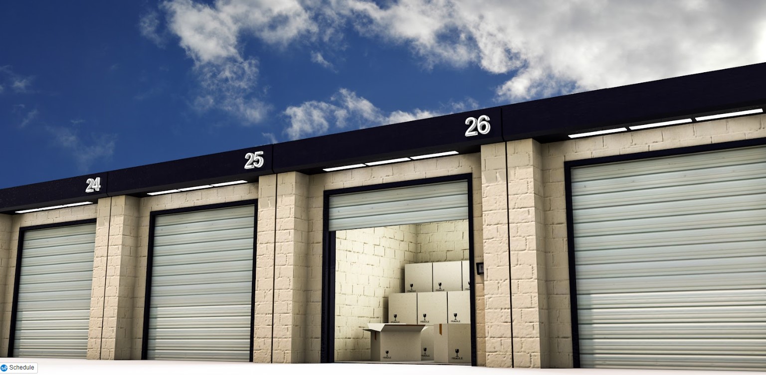 Commercial storage solutions with doors and a sky in the background.