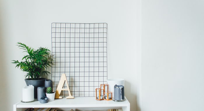 Our Top Tips for decorating a college student room with a potted plant on a white shelf.