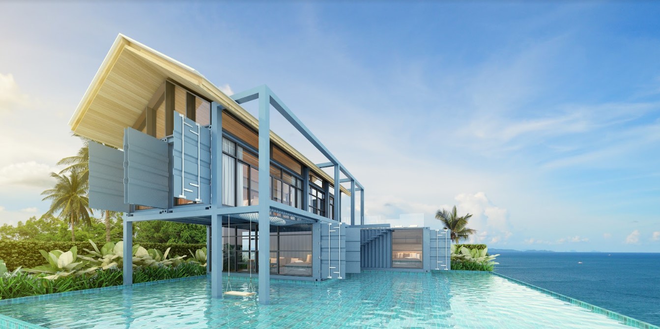 3d rendering of a modern house with a swimming pool, created from shipping containers.