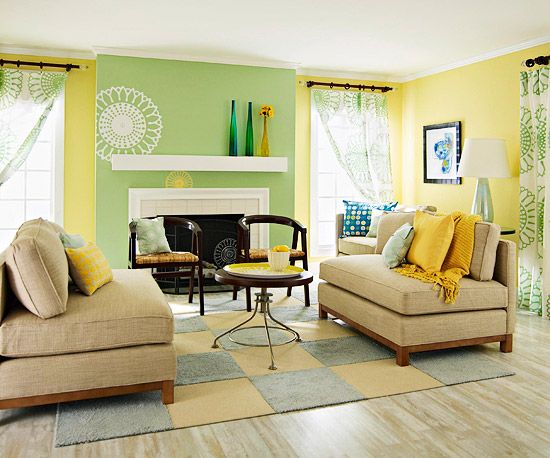A living room with yellow and green walls showcasing vibrant colors in your home.
