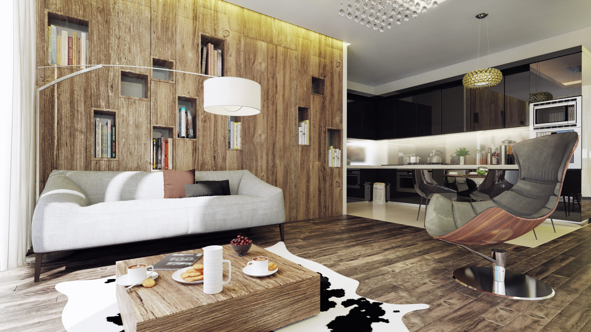 A luxurious living room with wooden walls and a cowhide rug.
