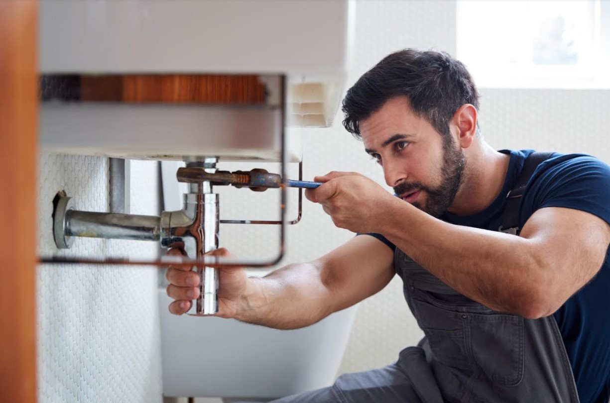 Keywords: plumber, fixing sink, bathroom

Modified Description: A plumber repairing a sink in a bathroom.