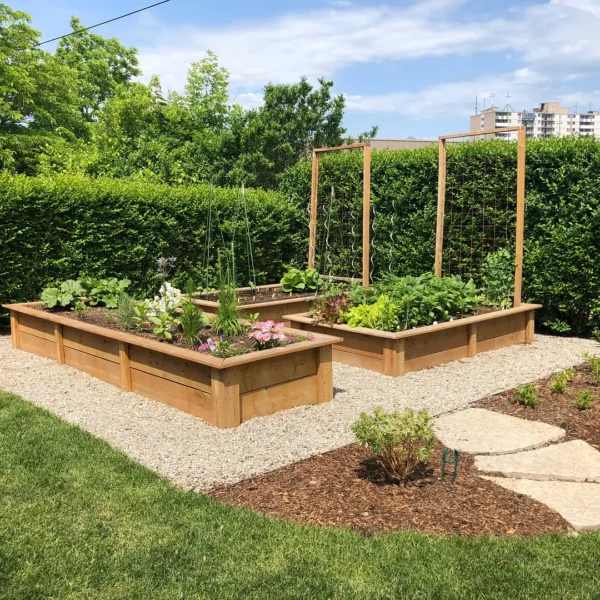 A wooden raised garden bed in a backyard as one of the Summer Housing Projects.