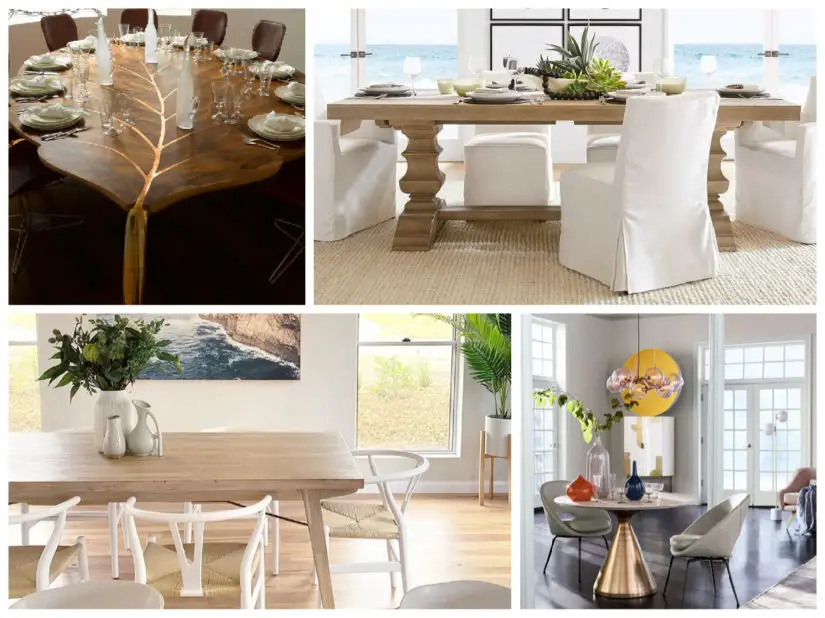 A collage of pictures of a dining table and chairs.