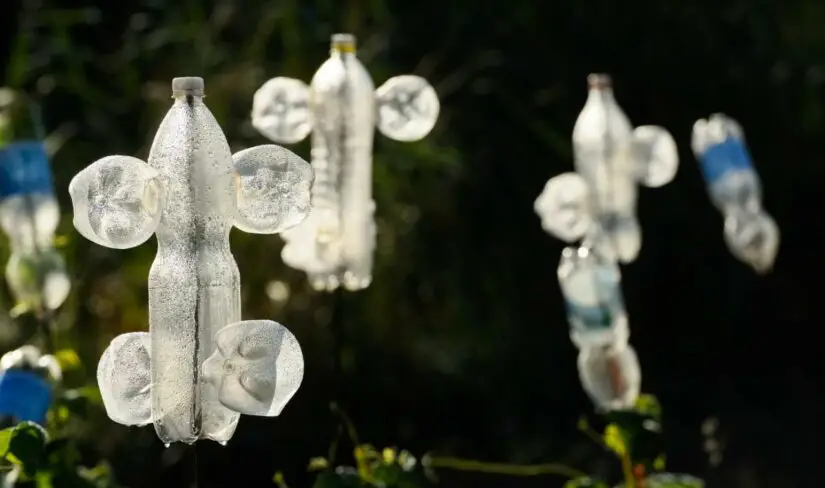A group of plastic bottle sculptures in a field.