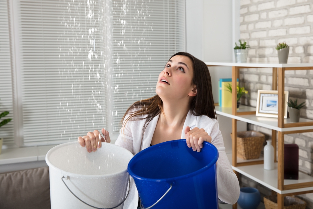 A woman holding two buckets in her living room with a roof leaking.