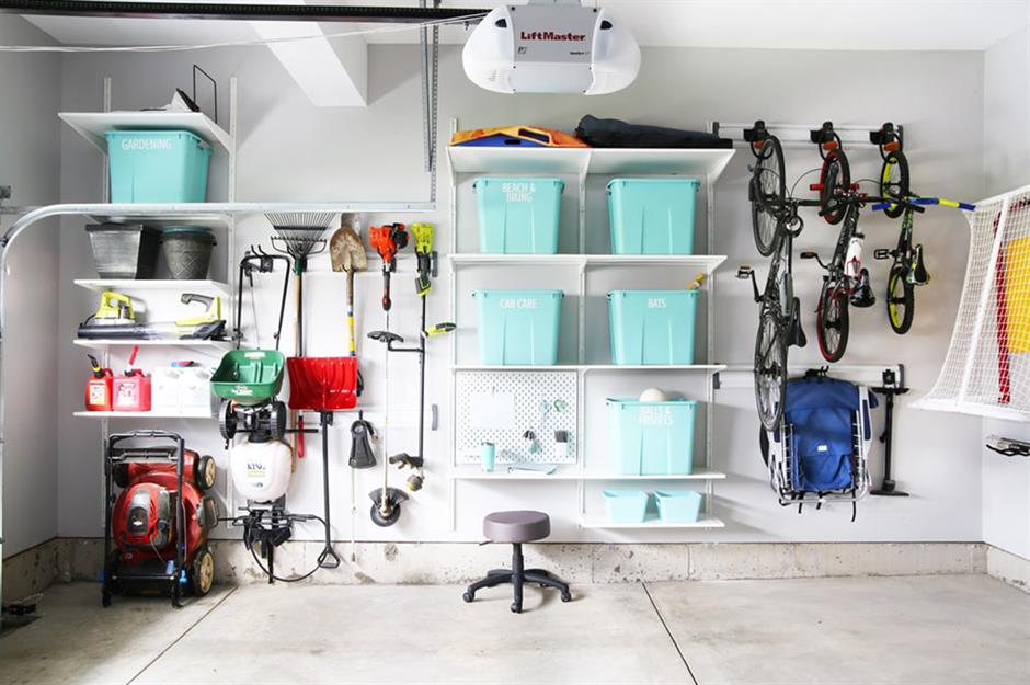 A garage with excellent storage solutions.