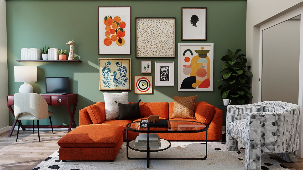 A living room with an orange couch and performance fabrics.