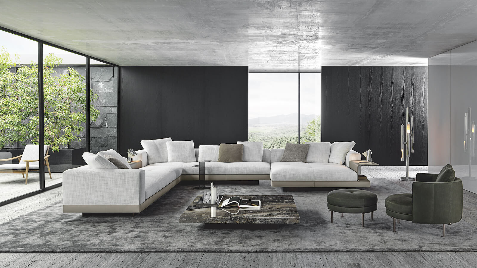 How to make a large modern living room feel cozy with black walls and white furniture.