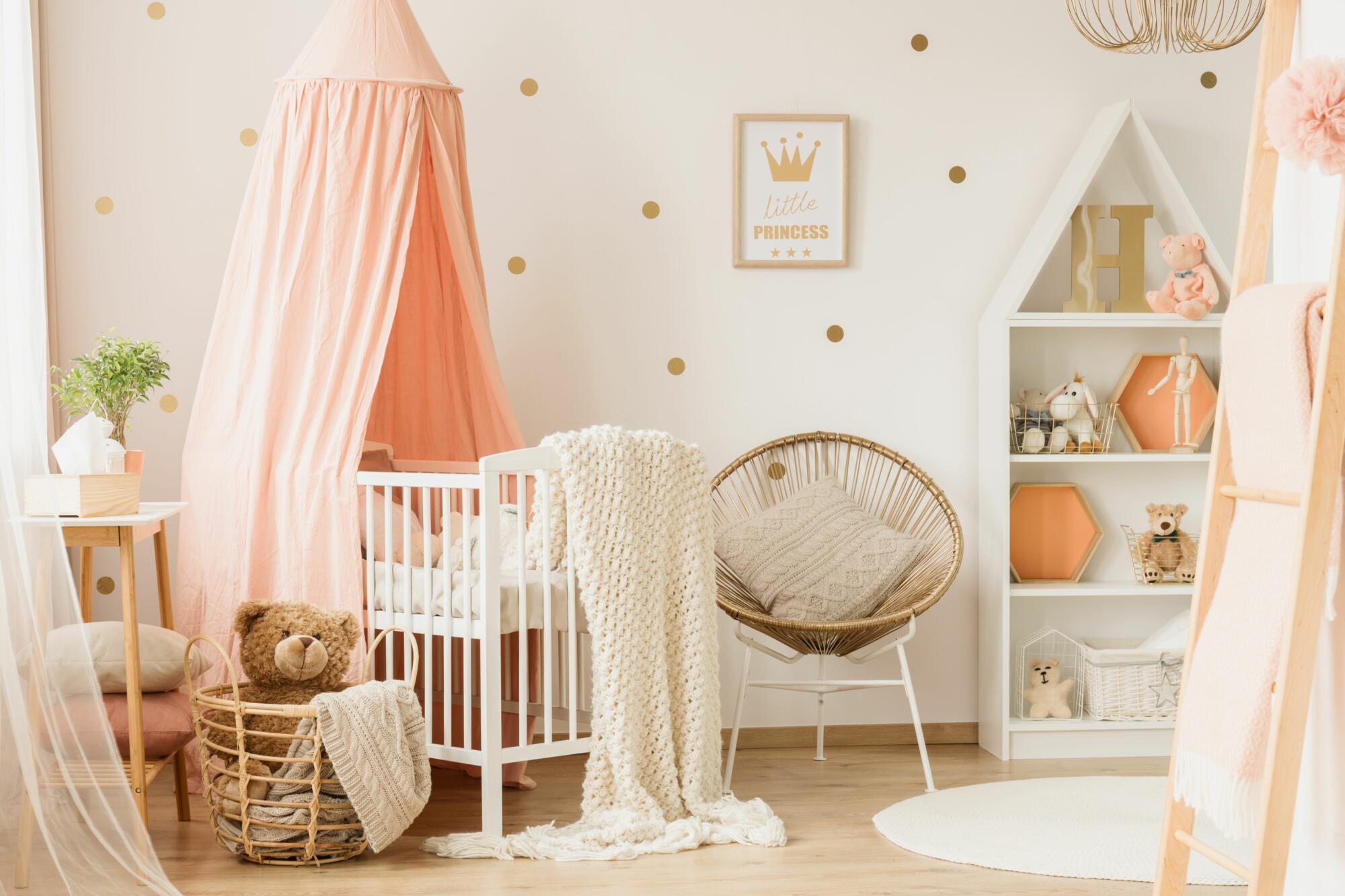 Nursery Decor Ideas: A pink and white baby room with a canopy and a teddy bear.