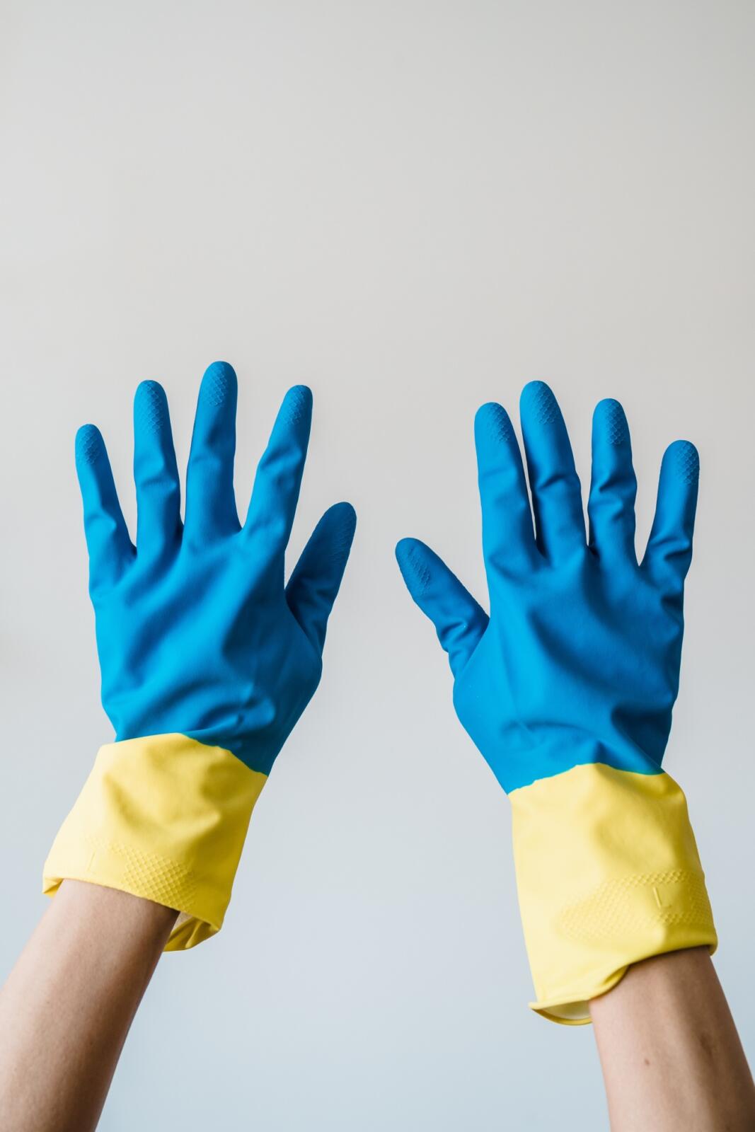 A pair of blue rubber gloves used for mold removal on a white background.