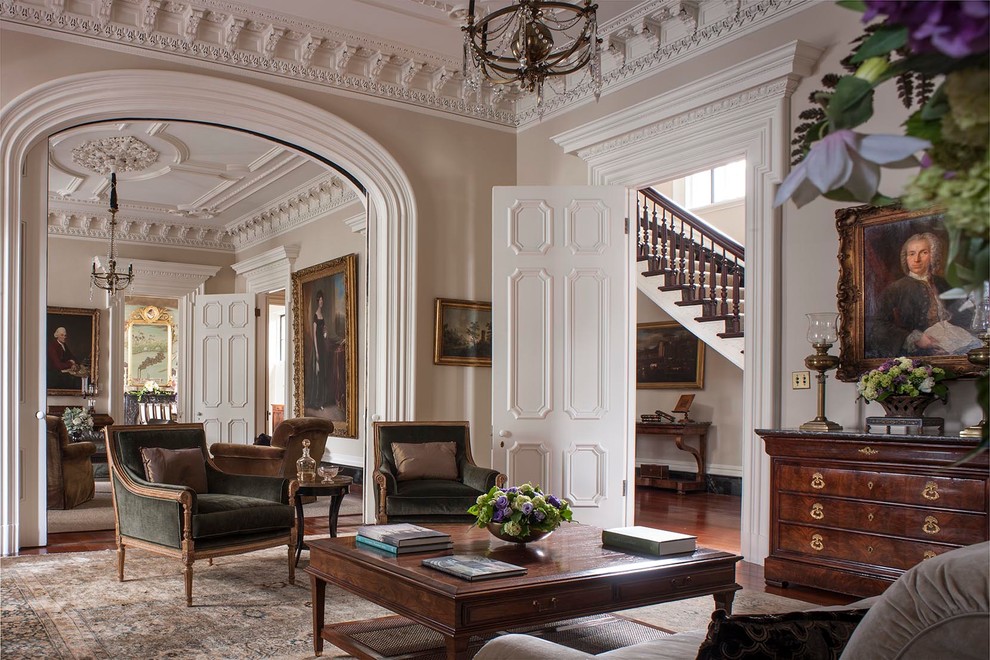 An ornate living room with types of crown molding.