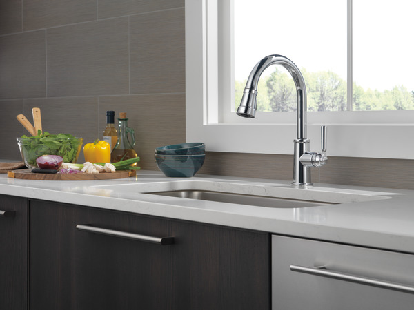 A kitchen with a sink and a window has a faucet that belongs to one of the worst brands.