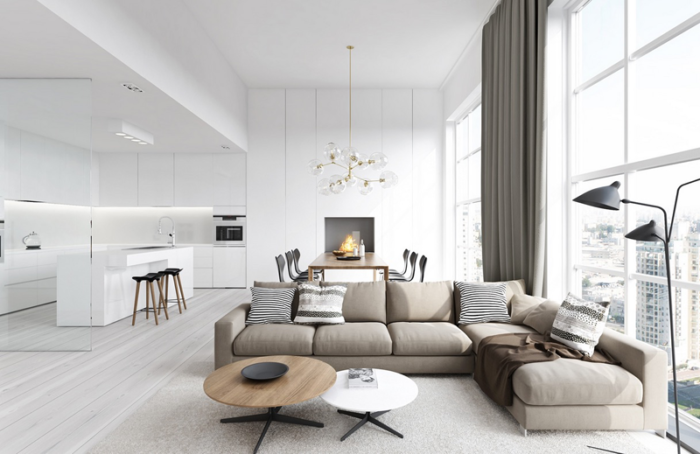 A modern living room with white walls and white furniture, re-aligning your space.
