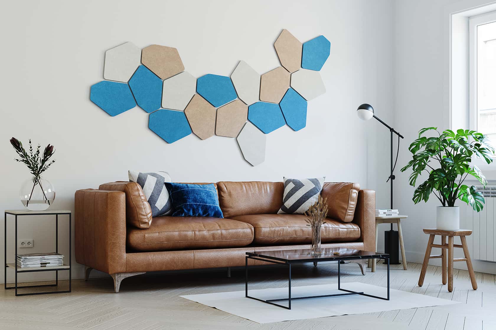 A living room with blue acoustic panels.
