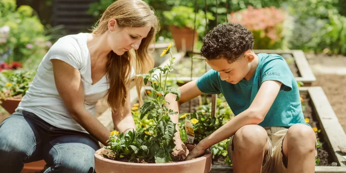 A mother and son experience the mental health benefits of gardening as they plant plants in a garden.