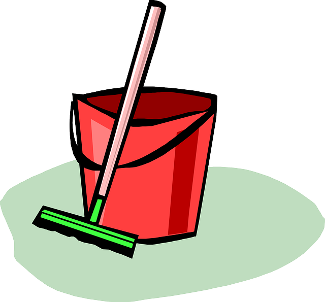 Cleaners: A red bucket with a broom clipart for cleaning purposes.
