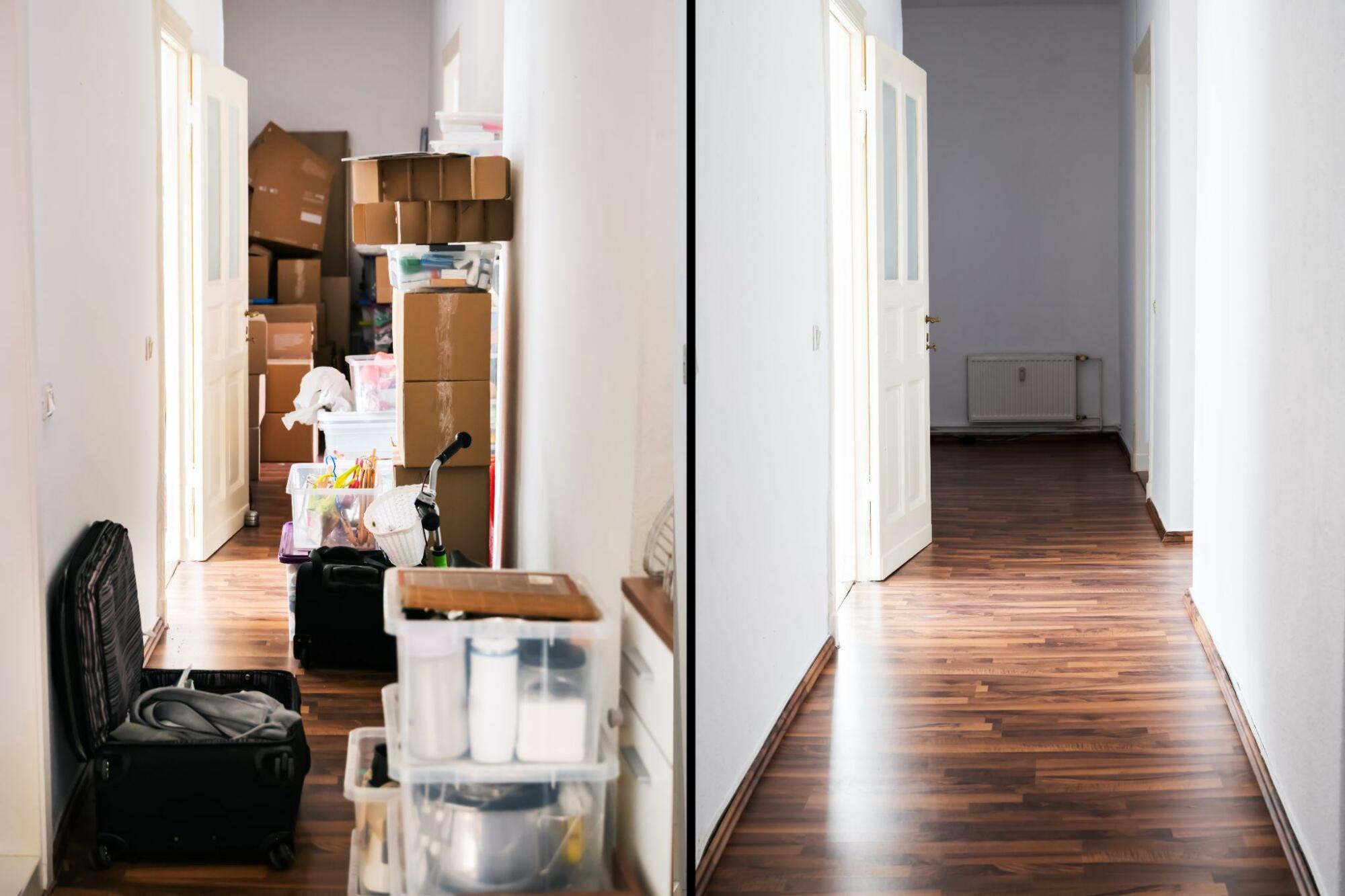 Before and after photos showing the decluttering of a hallway filled with boxes.