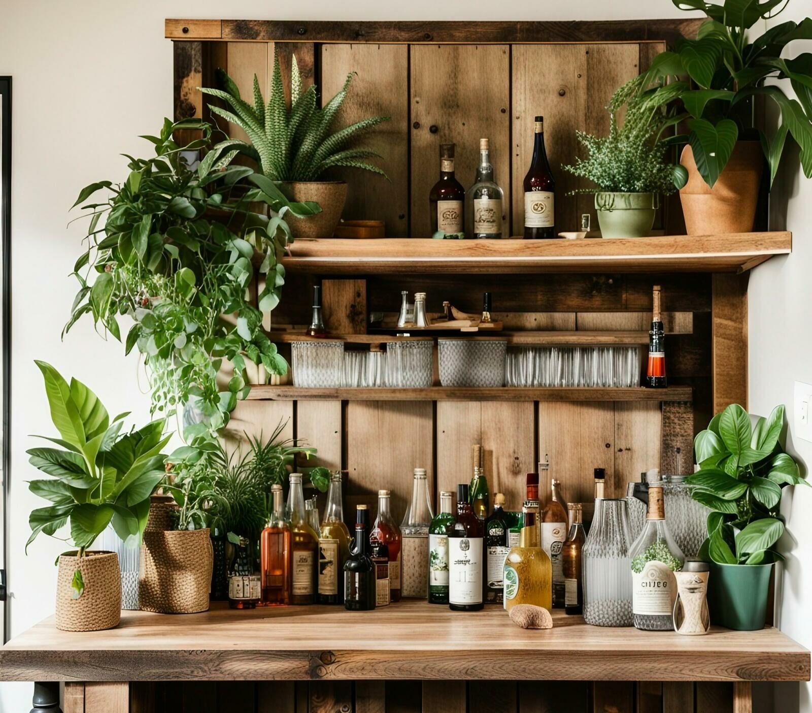 A home bar decorated with plants and bottles on a wooden shelf.