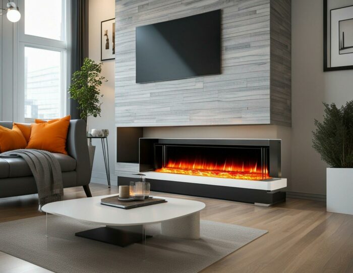 An electric fireplace with realistic digital flames, highlighting modernity and ease-of-use