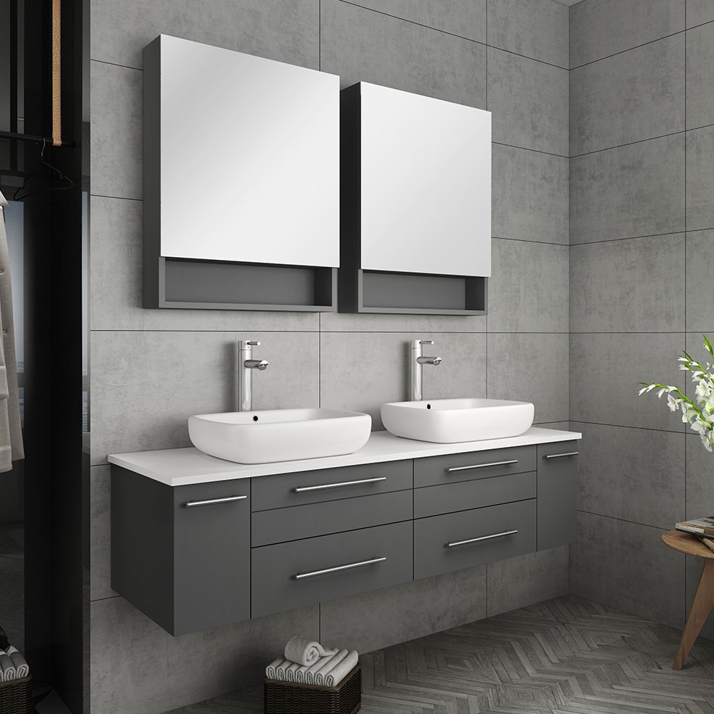 A sleek, modern 60-inch double sink vanity in a well-lit bathroom.