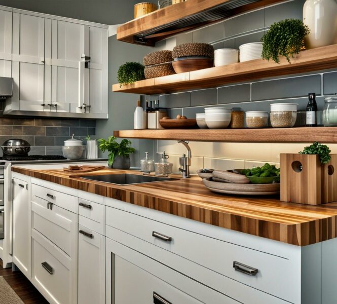 A white kitchen with a butcher block countertop and pots and pans.