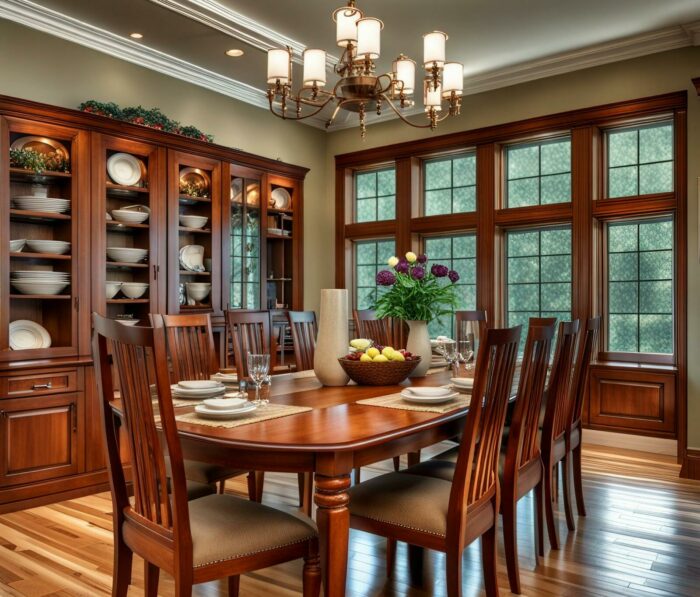 A dining room with a wooden table and built-in dining room cabinet.