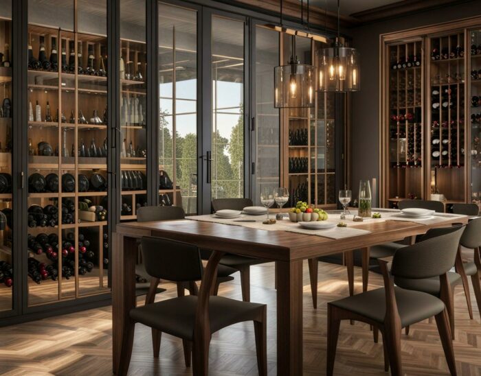A built-in wine cellar with a table and chairs.