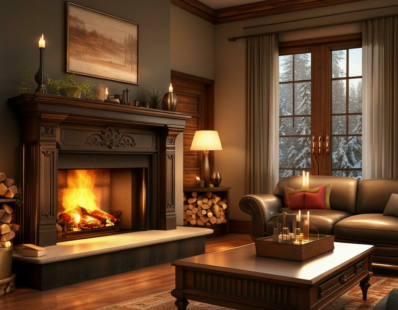 Generate a high-quality, HDR, realistic image of a classic wood-burning fireplace with a roaring fire in a cozy, elegantly decorated living room