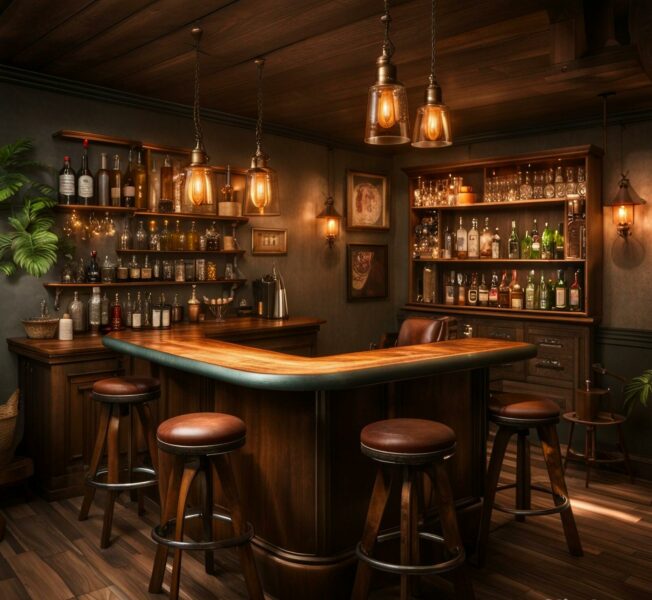 Decorating a home bar with stools and bottles.