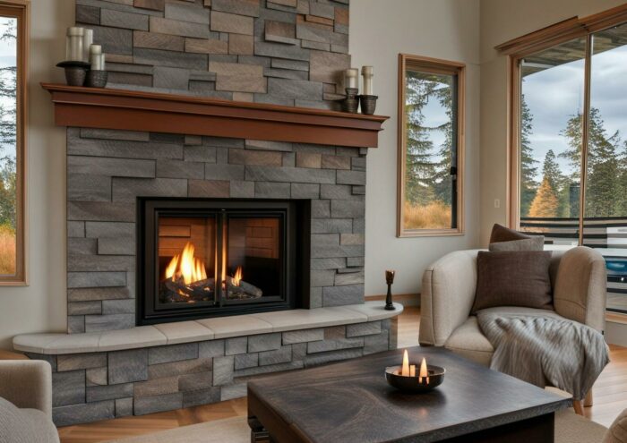 A living room with a stone fireplace, one of the types of fireplaces.