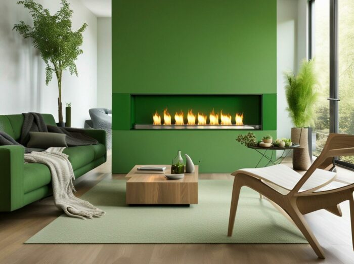 A sustainable living room with a modern fireplace.