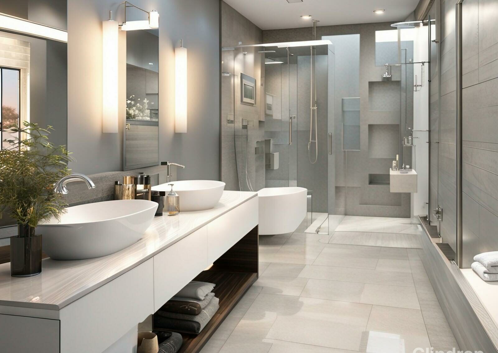 A modern bathroom with 60" double sink bathroom vanities.
