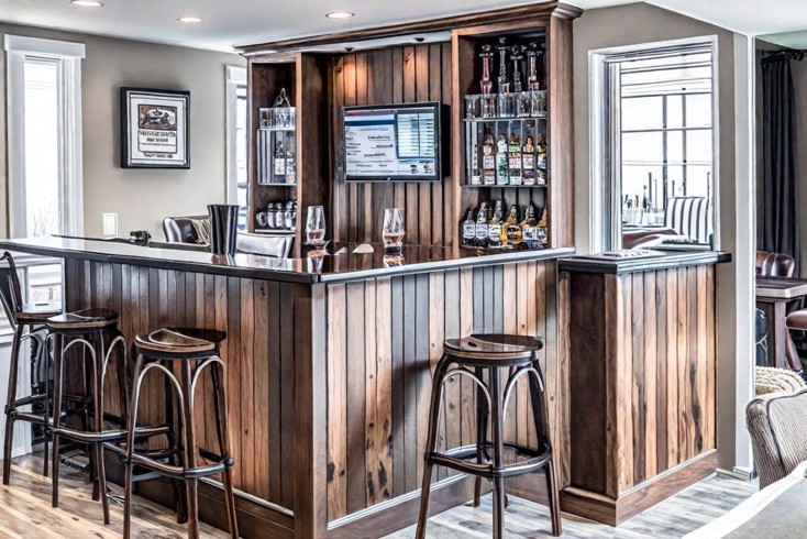 A decorated home bar with stools and a television.