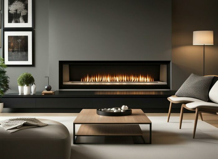 Create a high-resolution, realistic image of a sleek, modern gas fireplace, set in a stylish, contemporary living room with minimalist decor.