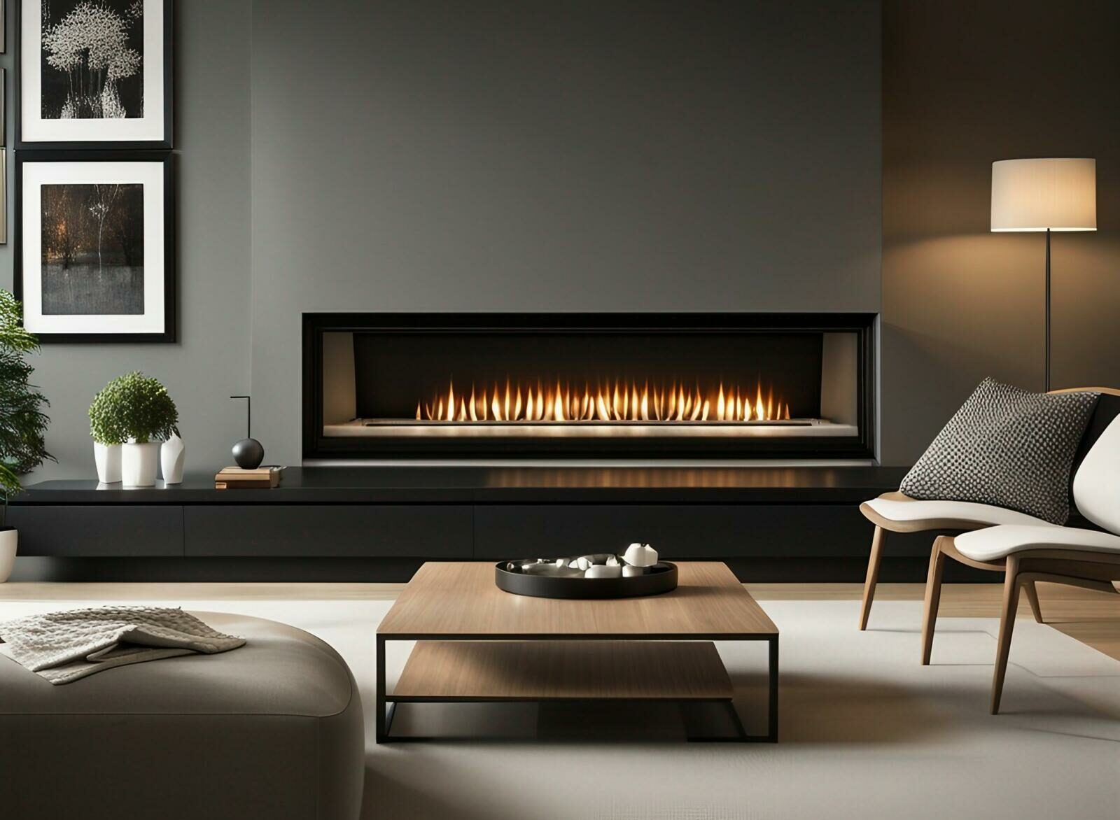 A modern living room with a contemporary fireplace.