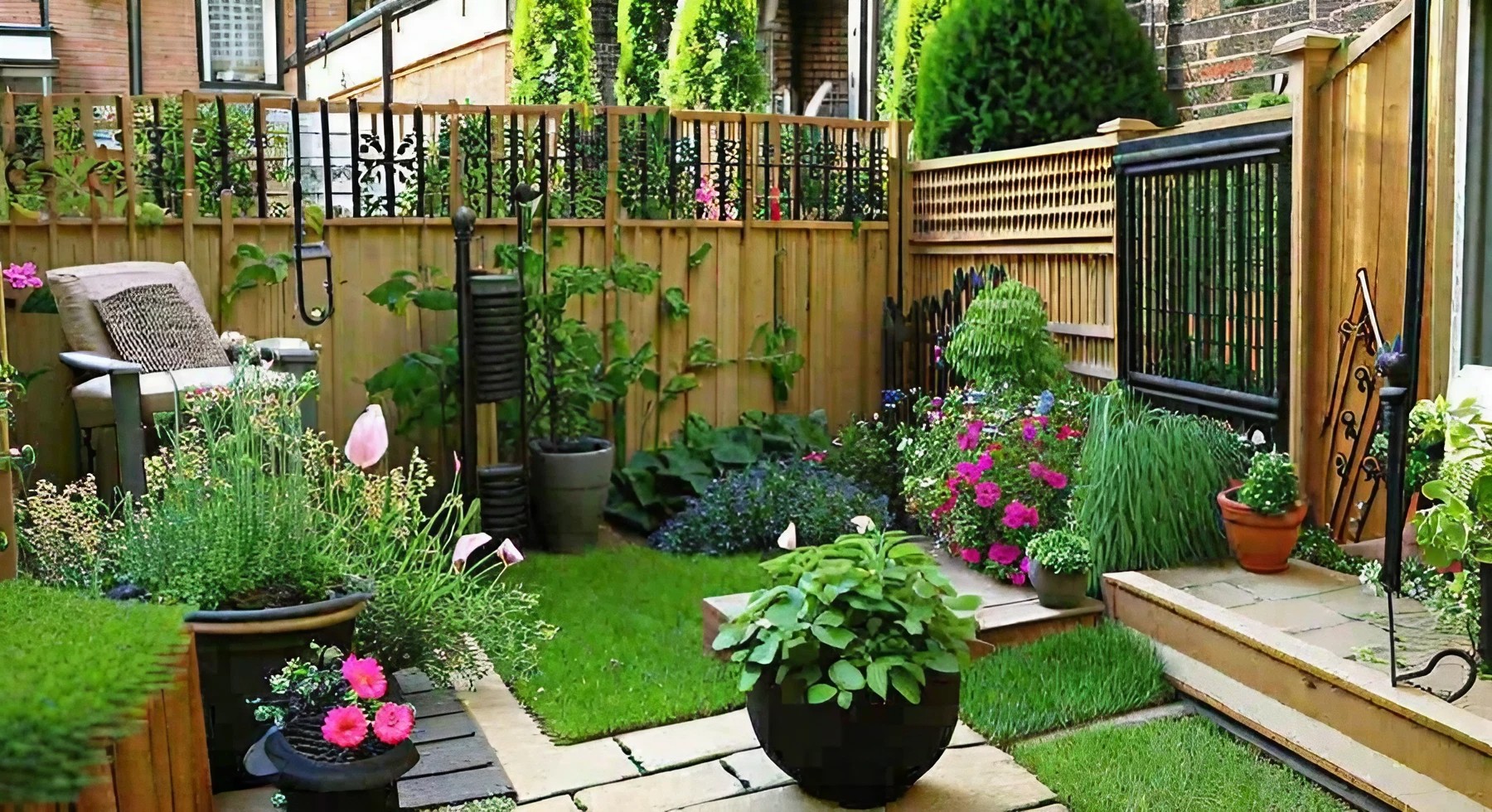 A small backyard with potted plants and a wooden fence, perfect for summer projects.