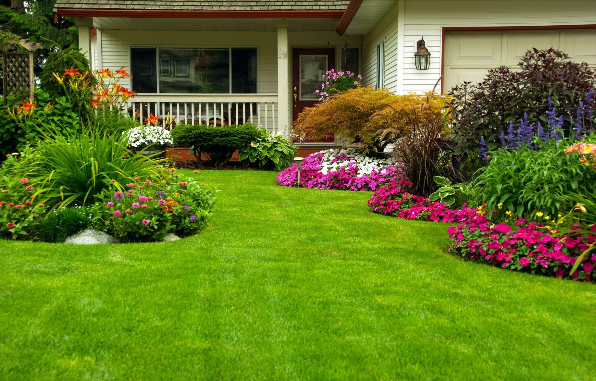A transforming garden with flowers in front of a house.