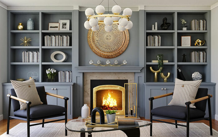 A fireplace mantel decorated with various decorative items to create visual interest