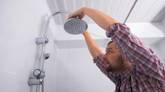 A man installing a rainfall shower system in a bathroom.