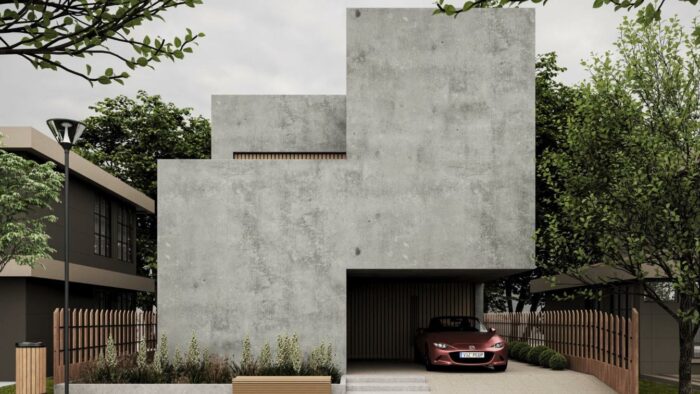 A modern mansion with a car parked outside.