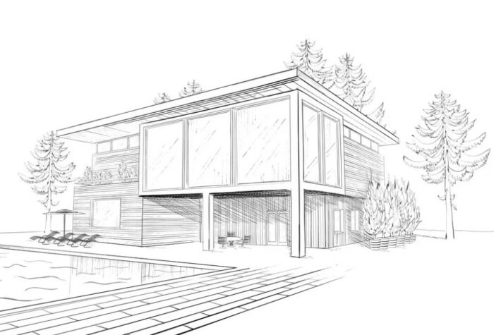 A sketch of a modern house with a pool.